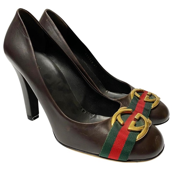 Gucci Brown Leather Signature Web Interlocking GG Buckle Heels - Picture 1 of 6